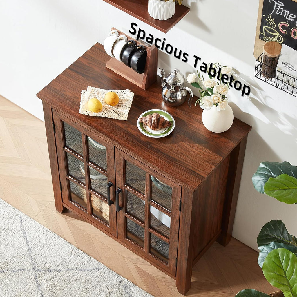 Joaxswe Large Sideboard Buffet Cabinet with Storage, 32" Farmhouse Brown Kitchen Coffee Wine Bar Cabinet with 2 Glass Doors, Wood Mid Century Modern Side Board Table for Dining Room, Living Room