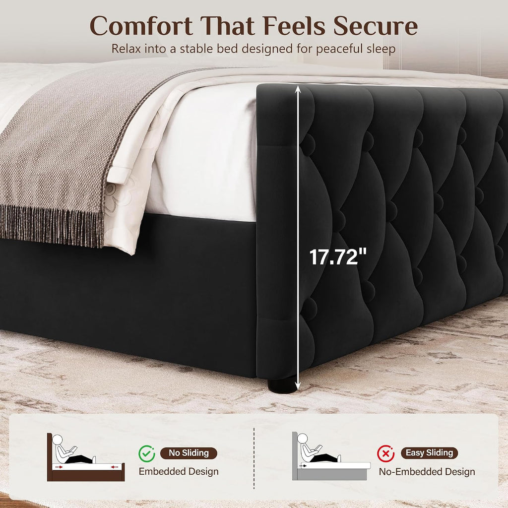 King Size Bed Frame with 53.15" High Crown Headboard, Black