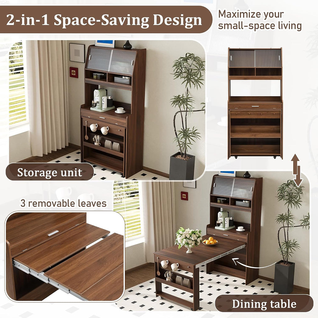 roomfitters 69" Kitchen Pantry Organizers and Storage Kitchen Cabinet with Extendable Dining Table and Coffee Bar, Walnut