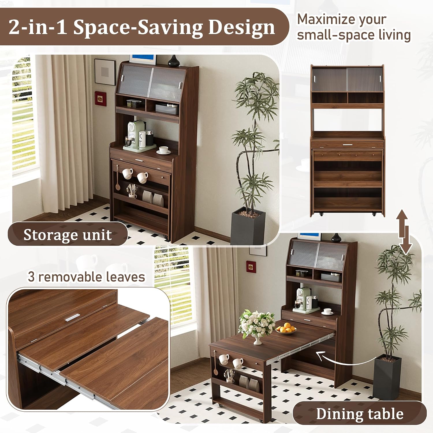 roomfitters 69" Kitchen Pantry Organizers and Storage Kitchen Cabinet with Extendable Dining Table and Coffee Bar, Walnut