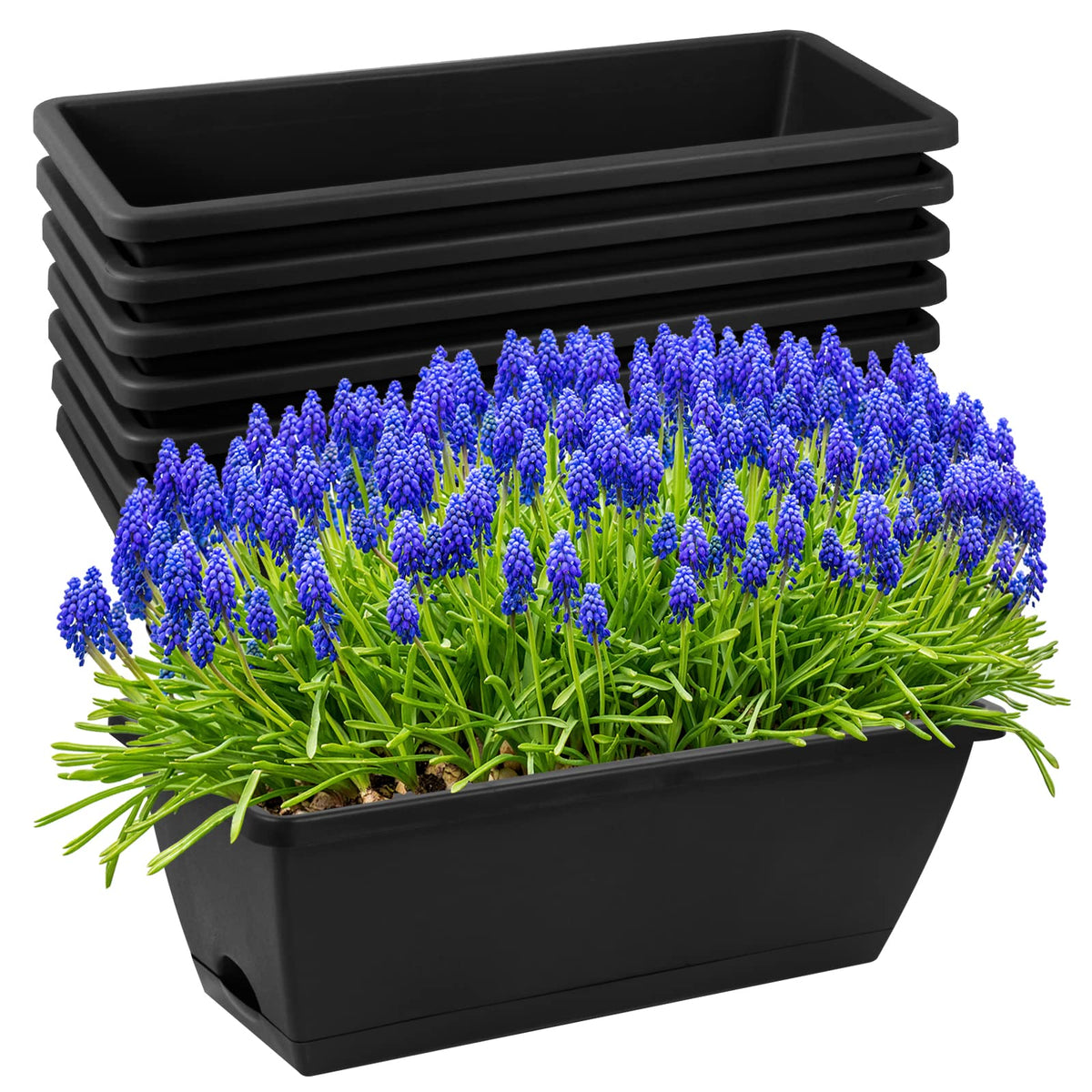 8pcs Window Box Planter,17 Inches Flower Window Boxes,Rectangle Planters Box with Drainage Holes and Trays, Plastic Vegetable Planters for Windowsill Patio Garden Home Decor Porch Yard (Black)