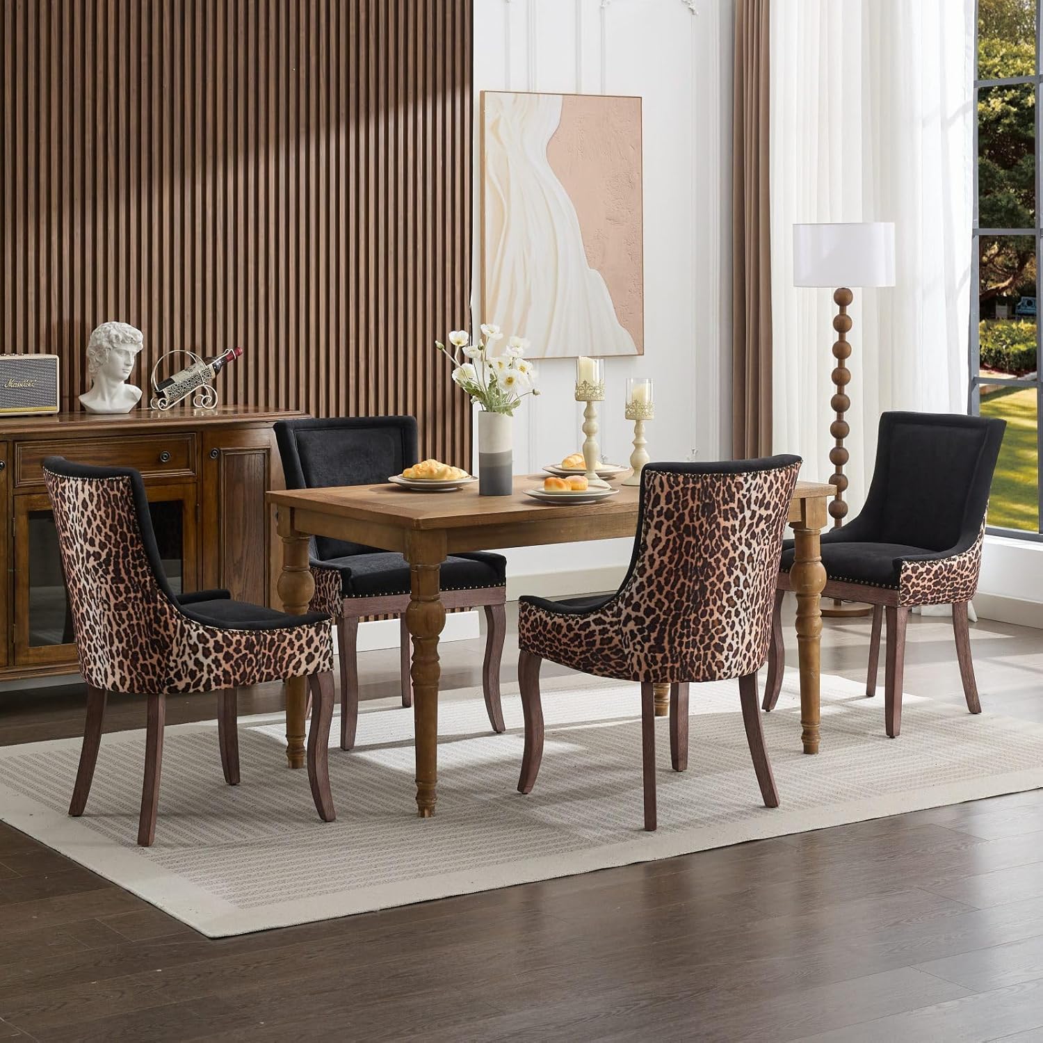 LKTART Upholstered Dining Chairs Set of 2, Solid Wood Kitchen Dining Room Chairs with Thicken Padded and Nailhead Trim for Home Kitchen Bedroom Black and Leopard