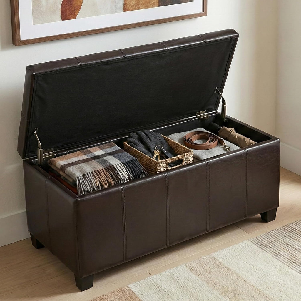 SIMPLIHOME Dover 36" Wide Vegan Leather Storage Ottoman in Tanners Brown | Contemporary ottoman with lift-top and safety hinges; upholstered rectangle storage bench for living room and entryway.