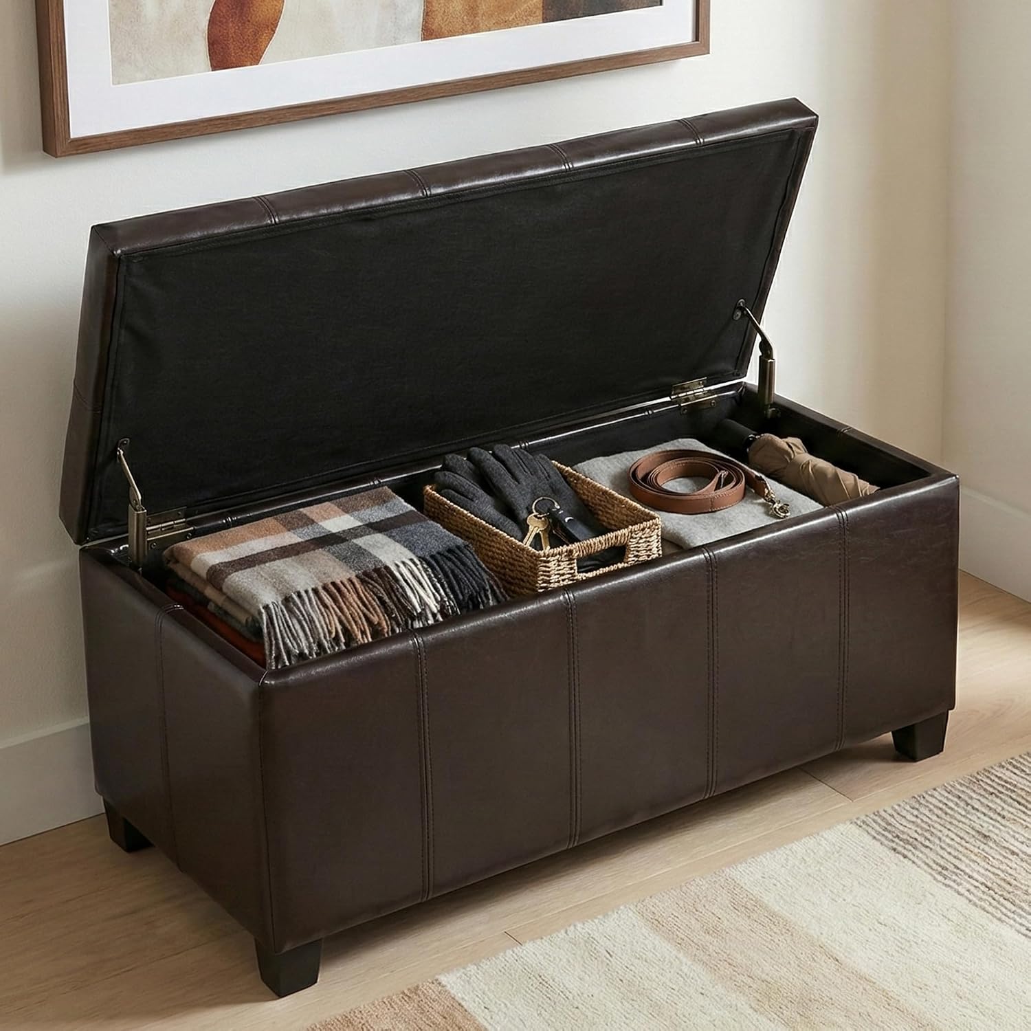 SIMPLIHOME Dover 36" Wide Vegan Leather Storage Ottoman in Tanners Brown | Contemporary ottoman with lift-top and safety hinges; upholstered rectangle storage bench for living room and entryway.