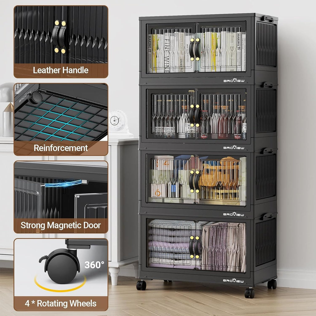 BROVIEW 180Qt Stackable Storage Bins with Lid, Extra Large Closet Organizer Collapsible Drawer Boxes with Wheels, Folding Plastic Cabinet Containers for Home Kitchen Room Organization, 3Pack Black