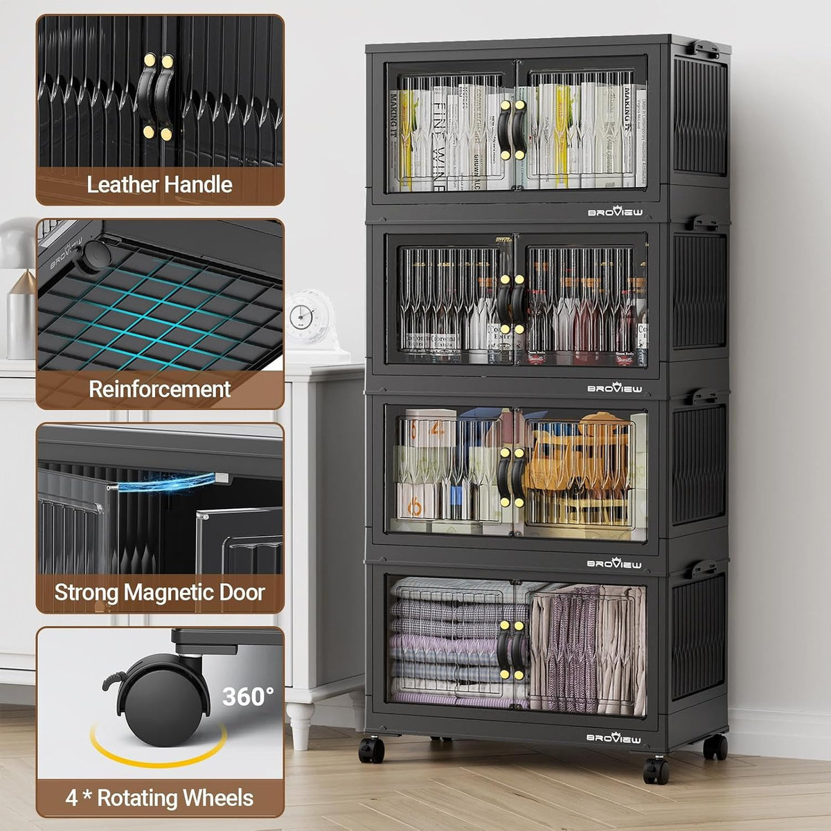 BROVIEW 180Qt Stackable Storage Bins with Lid, Extra Large Closet Organizer Collapsible Drawer Boxes with Wheels, Folding Plastic Cabinet Containers for Home Kitchen Room Organization, 3Pack Black
