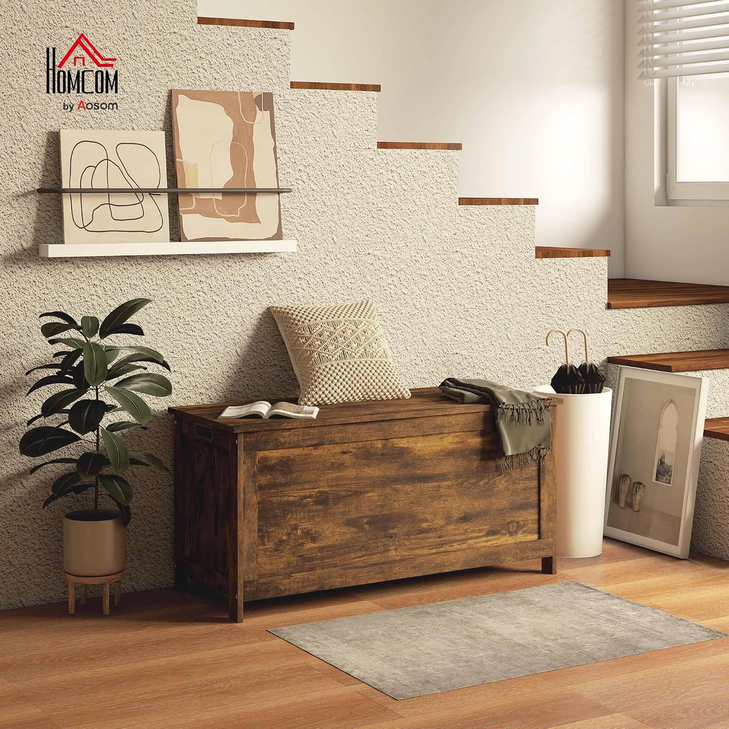 HOMCOM Storage Bench Cut-out Handles 39.4" x 15.7" x 18.9" Rustic Brown | Storage Chest, 2 Safety Hinges, Modern Wooden Trunk, Living Room, Entryway