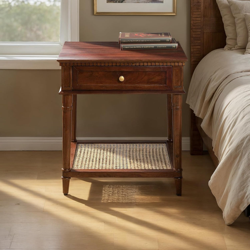 Creative Co-Op Maxwelton Solid Wood End Table with Drawer and Woven Cane Storage Shelf, Dark Chestnut and Natural