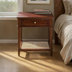 Creative Co-Op Maxwelton Solid Wood End Table with Drawer and Woven Cane Storage Shelf, Dark Chestnut and Natural