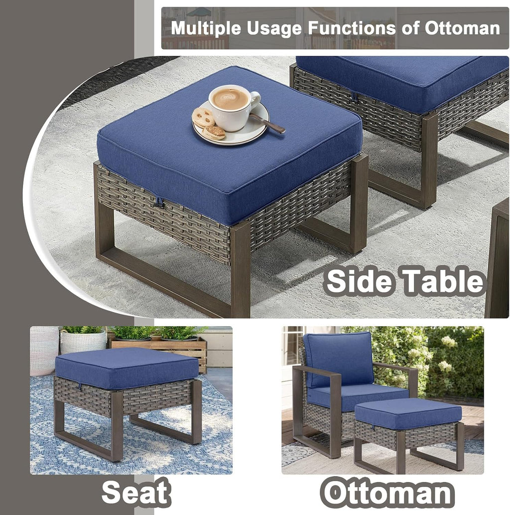 Belord Outdoor Ottomans for Patio - 250 LBS Weight Capacity Wicker Foot Rest Set of 2 with Woodgrain Lacquered Metal Frame Multipurpose Outdoor Foot Stool for Porch Balcony Backyard (Grey/Blue)