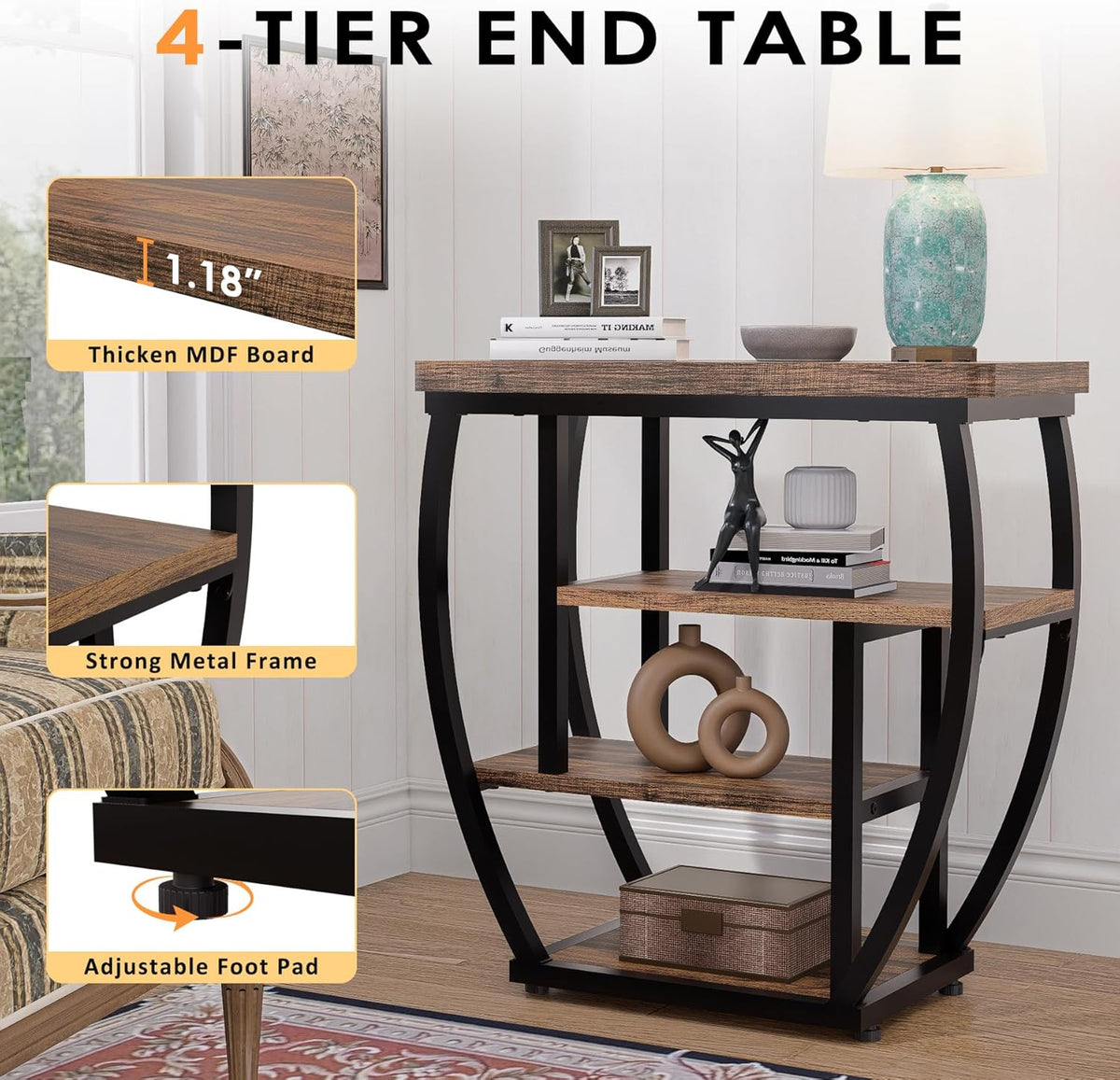 4-Tier End Table with Storage, Narrow Side Table for Living Room, Wood Sofa Side Table with Metal Frame, Industrial Bedside Table and Nightstand for Bedroom, Rustic Brown