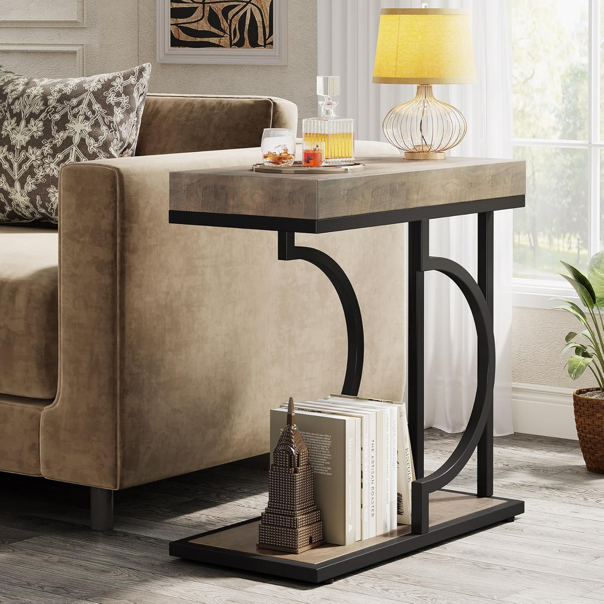 Tribesigns Narrow Side Table for Couch, C Shaped End Table with Metal Frame, Farmhouse Bedside Tables, Small Sofa Tables for Small Spaces, Living Room (1, Gray+Black)