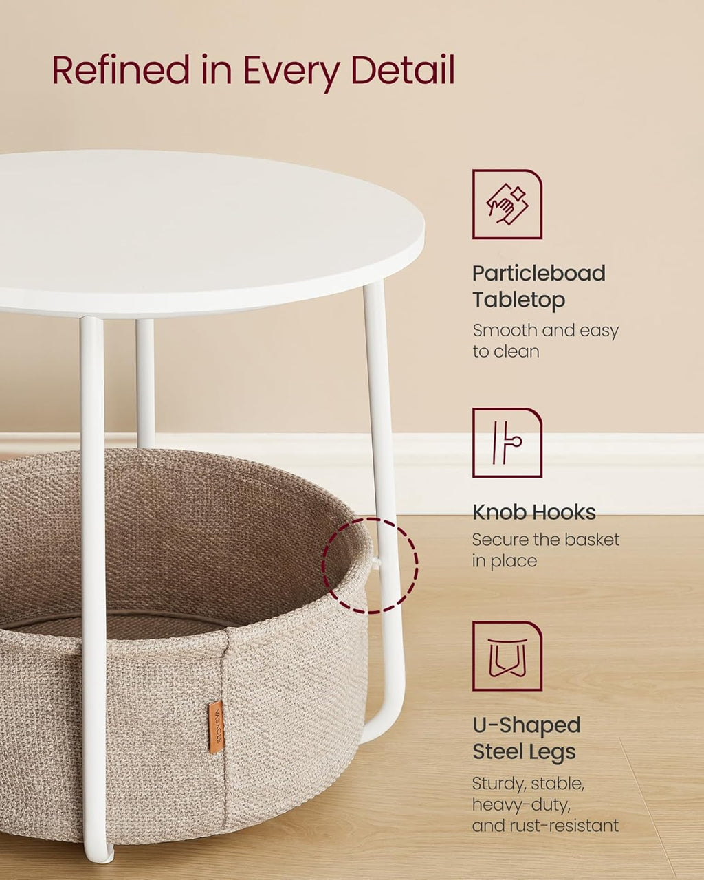 VASAGLE LILEA Collection - Small Round Side End Table, Contemporary Nightstand with Fabric Basket, Matte White ULFL004WC01S