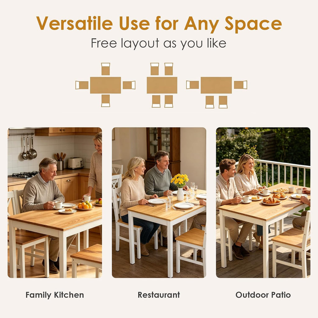 DlandHome 5 Piece Dining Table Set, Wood Kitchen Table with 4 Chairs for Dining Room, Apartment, Breakfast Nook, Solid Wood Farmhouse Dinner Table Set, Natural White