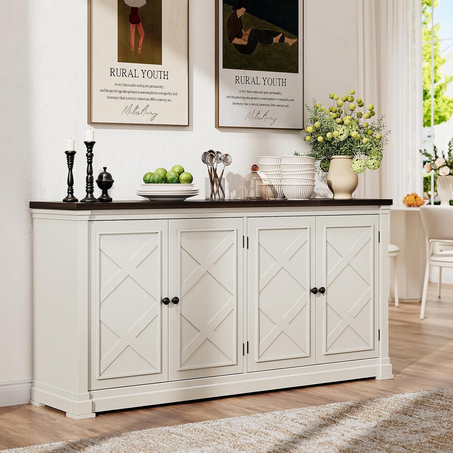 ONBRILL 63 Inches Buffet Cabinet with Storage, Large Sideboard Cabinet with 4 Barn Doors, Adjustable Shelves, Wood Coffee Bar Station for Kitchen, Living Room, Off White