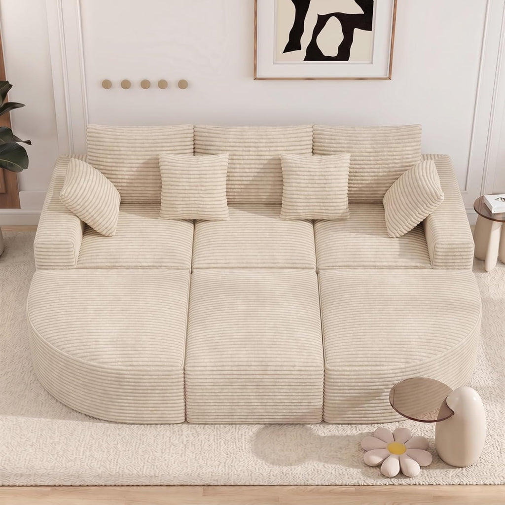 120" Oversized Round Sofa Bed, Modular Sectional Cloud Couches for Living Room, Convertible Corduroy Couch Sleeper Sofa Set, No Assembly Required, Khaki 1 PCS