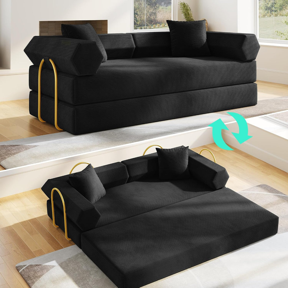 79" Convertible Futon Sofa Bed, Couch for Living Room | Black | Modular Sleeper Sofa, Corduroy Pull Out Floor Couch Loveseat with Fixed-Shape Frame, No Assembly