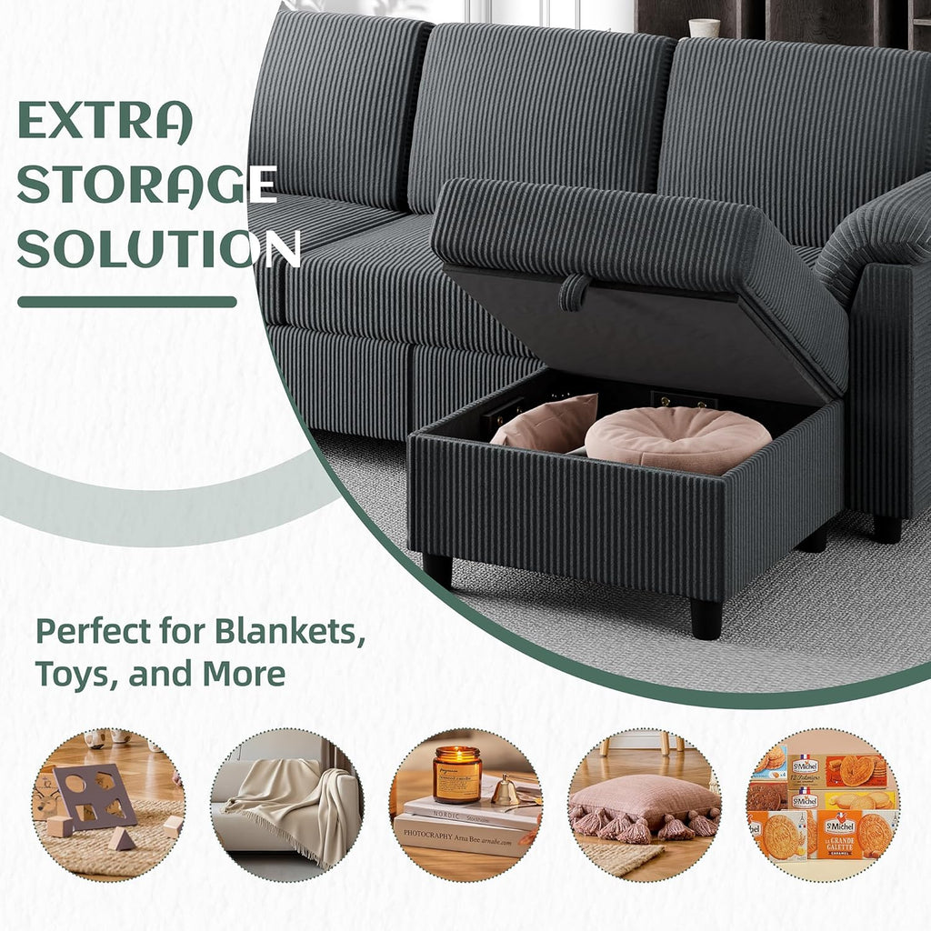 Vongrasig Convertible Sectional Sofa Couch, 3 Seat L Shaped Sofa with Removable Pillows Soft Corduroy Fabric Small Couches Mid Century for Living Room, Apartment and Office (Gray)