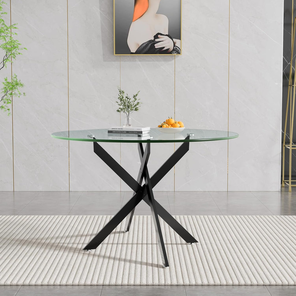 47" Round Glass Dining Table for 4-6, Circle Kitchen Table with Tempered Glass Top & Black Metal Cross Legs, Modern Glass Dinner Table for Kitchen Dining Room Small Apartment