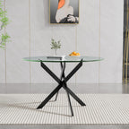 47" Round Glass Dining Table for 4-6, Circle Kitchen Table with Tempered Glass Top & Black Metal Cross Legs, Modern Glass Dinner Table for Kitchen Dining Room Small Apartment