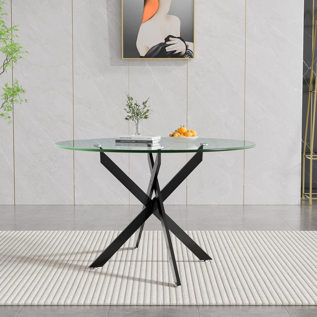 47" Round Glass Dining Table for 4-6, Circle Kitchen Table with Tempered Glass Top & Black Metal Cross Legs, Modern Glass Dinner Table for Kitchen Dining Room Small Apartment