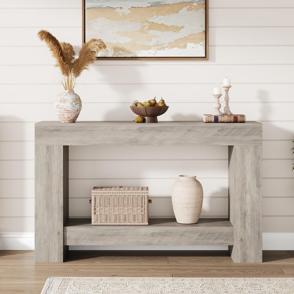 Garvee 47" Farmhouse 2-Tier Console Table for Entryway, Grey | Sofa Table with Storage, Sturdy U-Shaped Base, Long Entryway Table for Living Room, Easy Assembly