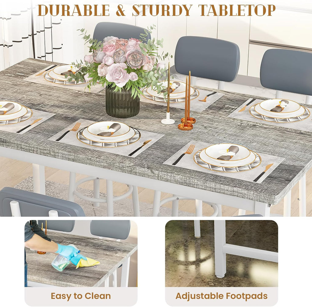 Recaceik 50" Dining Table Set for 6, 7-Piece Counter Height Bar Table Set with Upholstered Stools, Space-Saving Modern Pub Set for Kitchen, Breakfast Nook & Home Bar, Grey