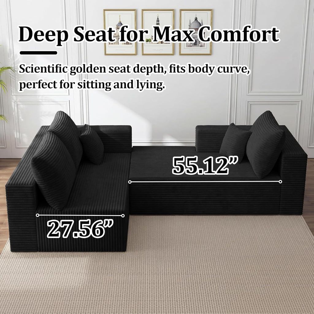 92.5" Modular Sectional Sofa, L-Shaped Cloud Couch with Deep Seats & Chaise, Convertible 4-in-1 Corduroy Couches for Living Room, Bedroom, No Need Assembly - Black(Right Facing Chaise)