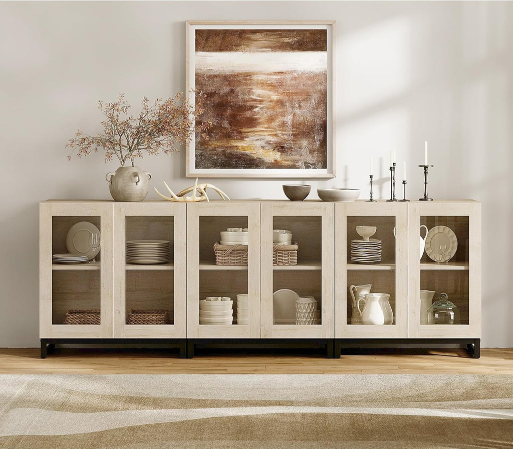 WAMPAT Sideboard Buffet Cabinets, Modern Credenza Sideboard with Adjustable Shelf and Metal Base, Coffee Bar Cabinet Accent Storage Cabinet for Living Room, Kitchen, Beige-A, 3 Pcs