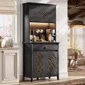 72" Tall Kitchen Pantry with Hydraulic Flip Up Door, Storage Cabinet with LED Lights & Charging Station, Drawer and Adjustable Shelves, Cupboard for Kitchen, Dining Room, and Hallway, Black