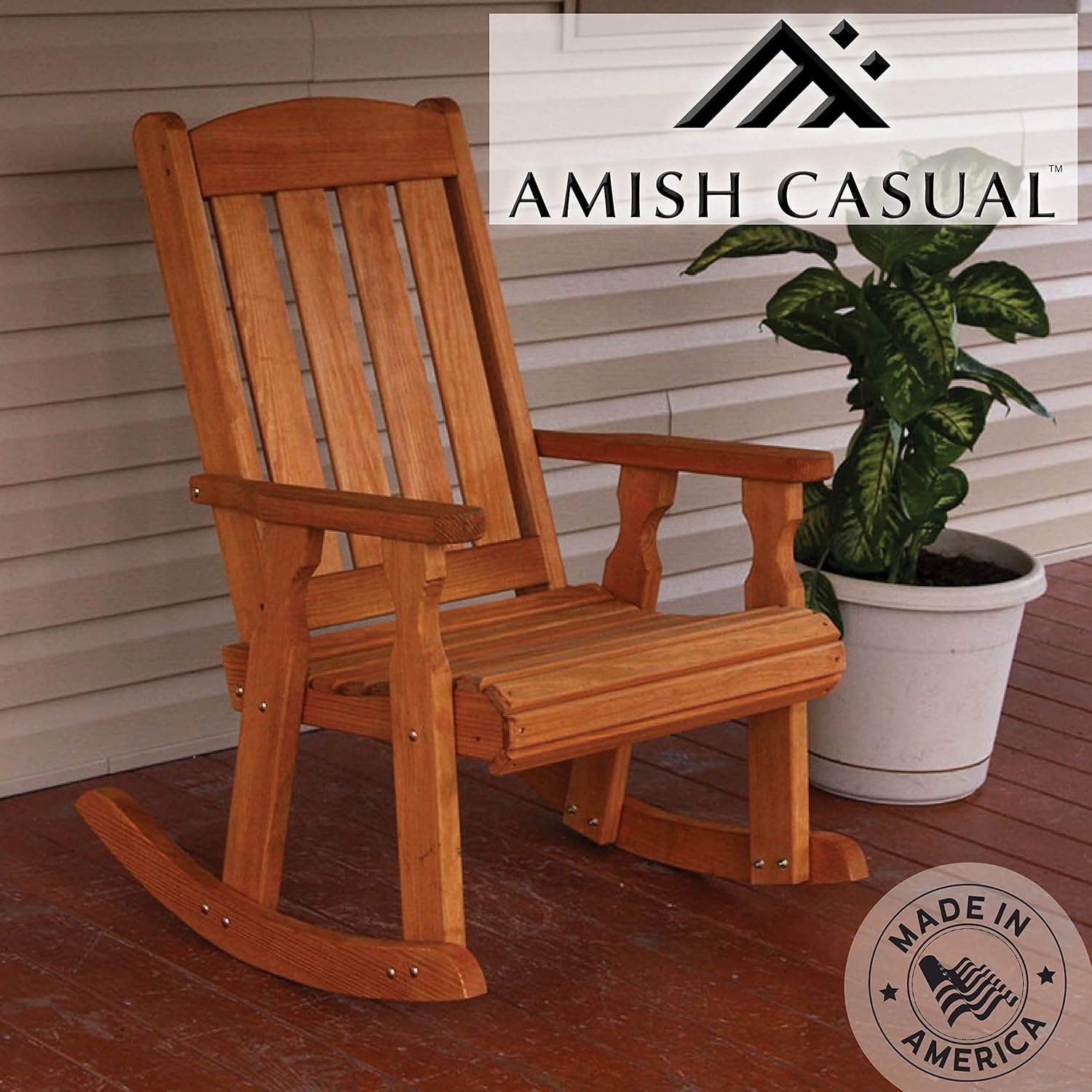 Amish Casual Heavy Duty 600 Lb Mission Pressure Treated Rocking Chair with Cupholders (Cedar Stain)