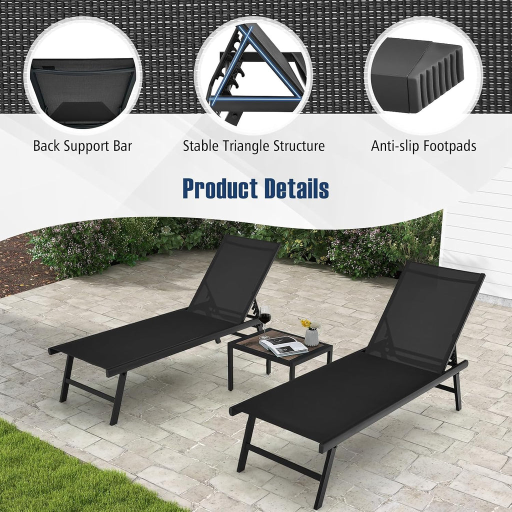 Tangkula 3 Piece Patio Chaise Lounge Set, Aluminum Patio Recliner with Coffee Table, 6-Level Backrest Adjustment, Outdoor Lounge Chair & Side Table Set for Poolside, Backyard (Black)