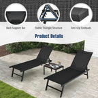 Tangkula 3 Piece Patio Chaise Lounge Set, Aluminum Patio Recliner with Coffee Table, 6-Level Backrest Adjustment, Outdoor Lounge Chair & Side Table Set for Poolside, Backyard (Black)