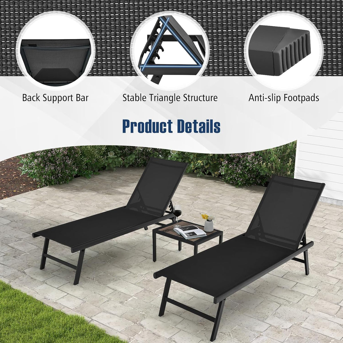 Tangkula 3 Piece Patio Chaise Lounge Set, Aluminum Patio Recliner with Coffee Table, 6-Level Backrest Adjustment, Outdoor Lounge Chair & Side Table Set for Poolside, Backyard (Black)