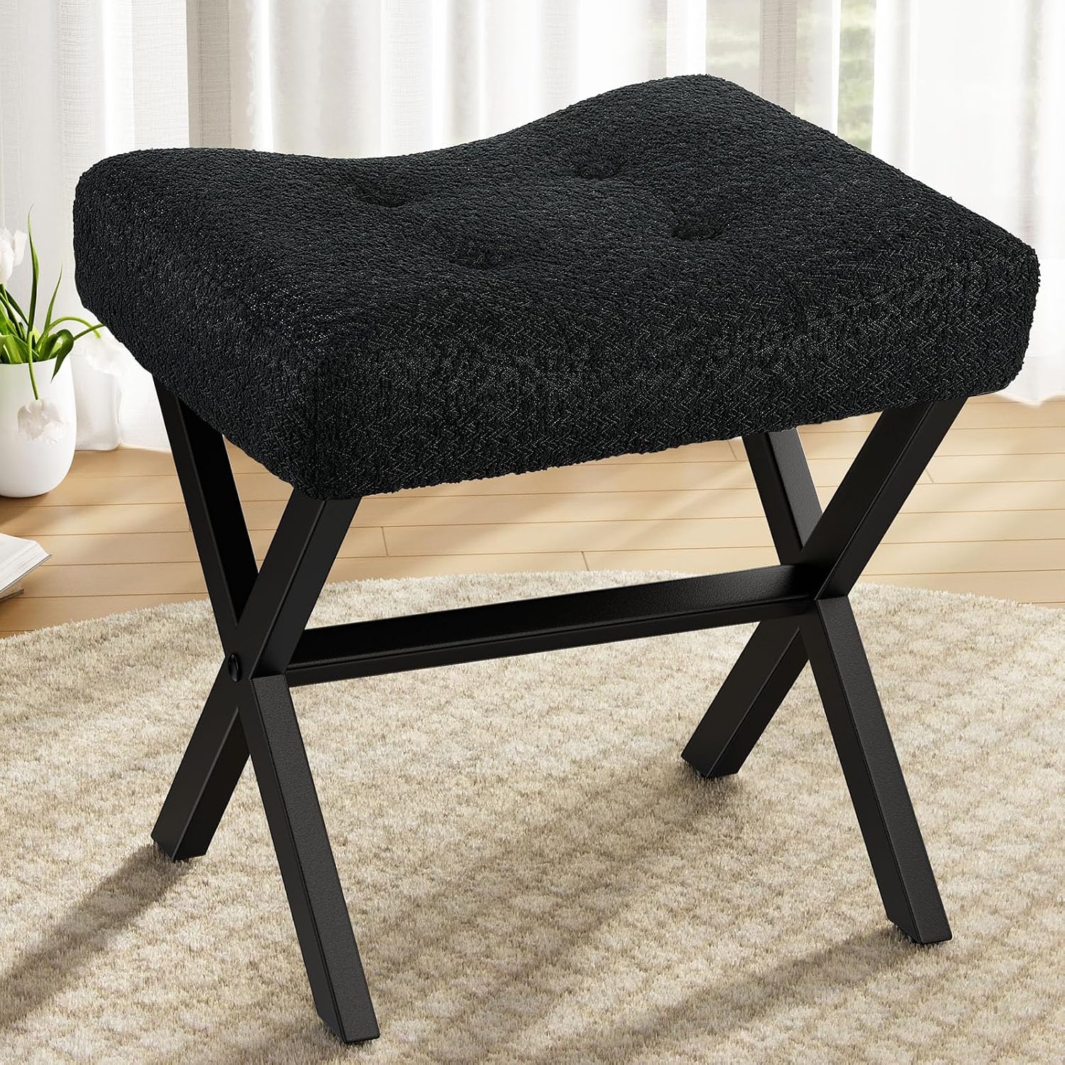 Memobarco 18-Inch Large Vanity Stool Chair, Black Makeup Stool | Teddy Flannel Vanity Bench, Metal X-Leg, 350 LBS, 20"x16.9"x18", Ottoman Accent Stool, Breathable Soft Padded Saddle Seat
