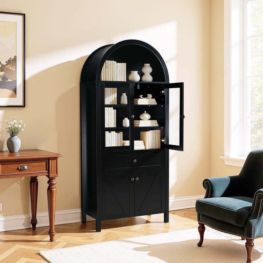71" Tall Arched Pantry Cabinet, Modern Kitchens Storage Cabinet with Doors, Drawers and Shelves, Freestanding Cupboard for Dining Room Living Room (Black)