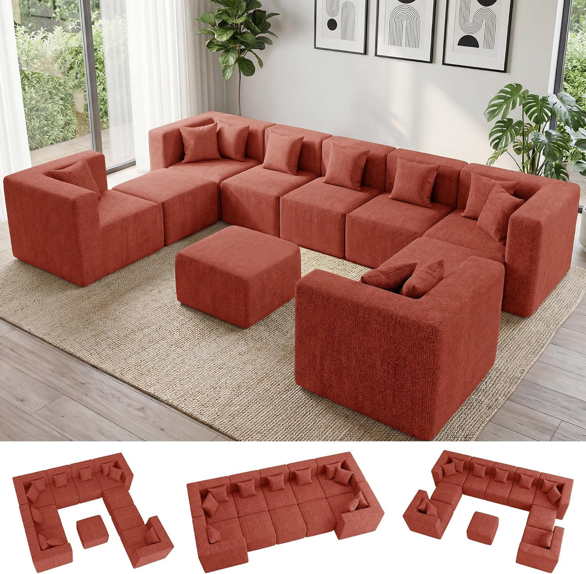 MONVANE Oversized Sectional Couch 10-Seat, Chenille, Rust Red | Sectional Couch for Living Room, Modular Cloud Sofa with Ottoman & 10 Throw Pillows, No Assembly Required