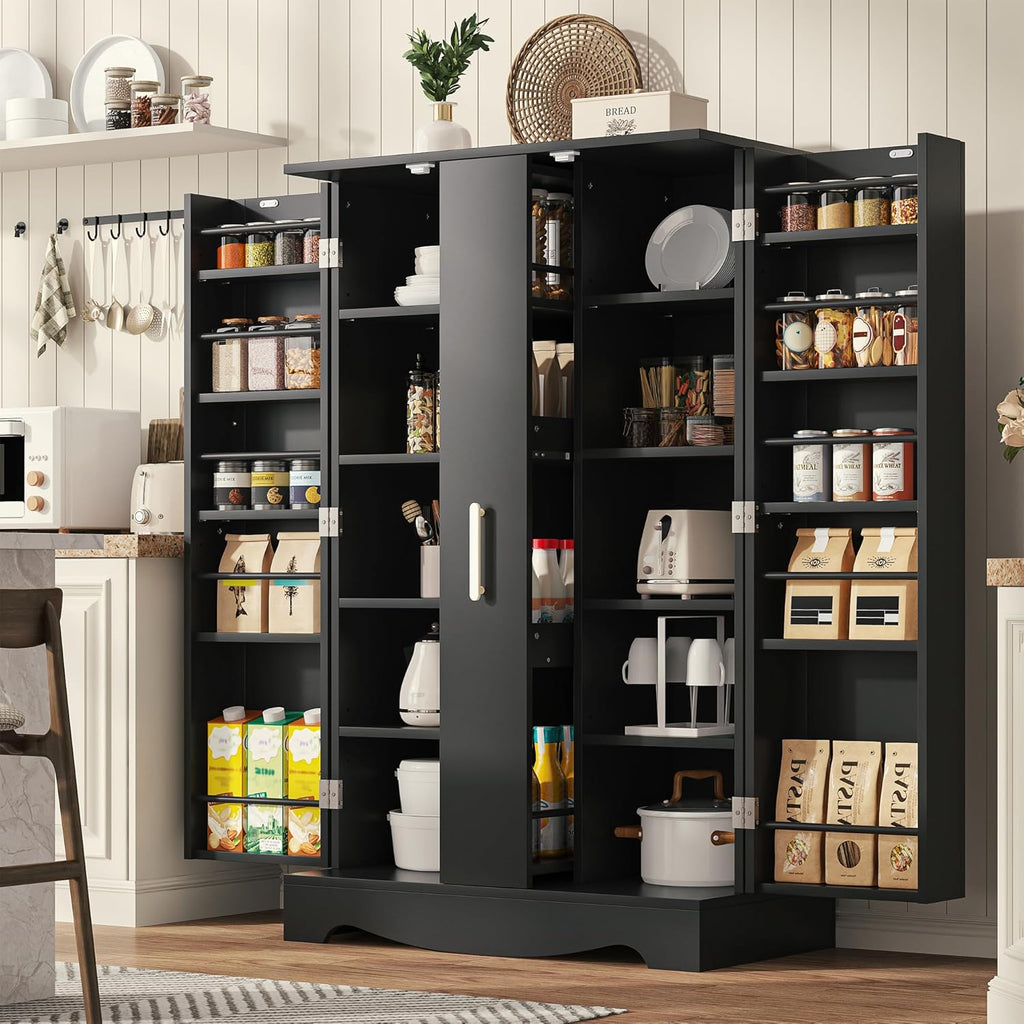 kepptory 47" Kitchen Pantry, Farmhouse Storage Cabinet with Barn Doors, Organizer, Pantry Cabinet with Lock Door and Adjustable Shelves, Rustic Wood Cupboard for Kitchen, Dining Room, Bathroom, Black