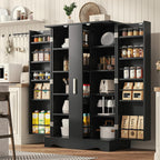 kepptory 47" Kitchen Pantry, Farmhouse Storage Cabinet with Barn Doors, Organizer, Pantry Cabinet with Lock Door and Adjustable Shelves, Rustic Wood Cupboard for Kitchen, Dining Room, Bathroom, Black