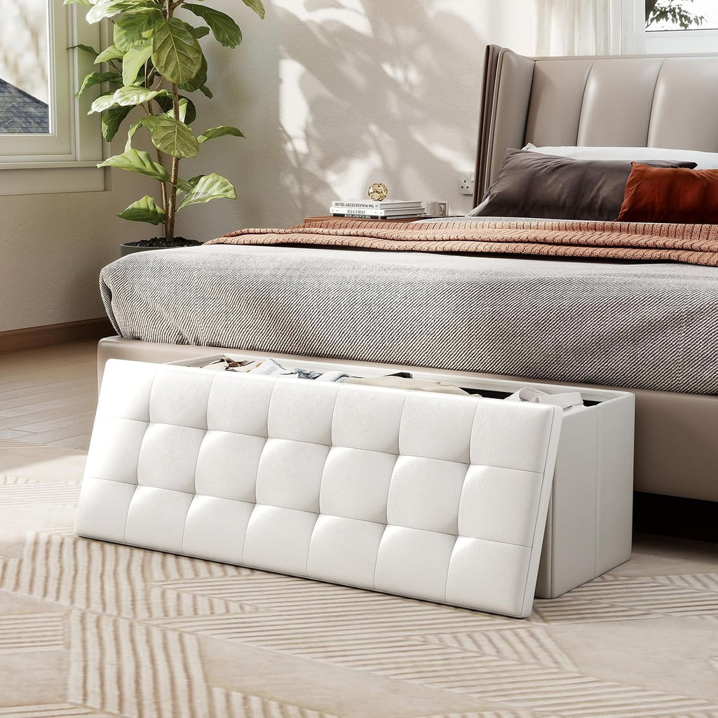 43 Inches Folding Storage Ottoman Bench, Foldable Foot Rest Stool End of Bed Bench with Side Pocket, Storage Chest for Living Room, Entryway & Bedroom (White)