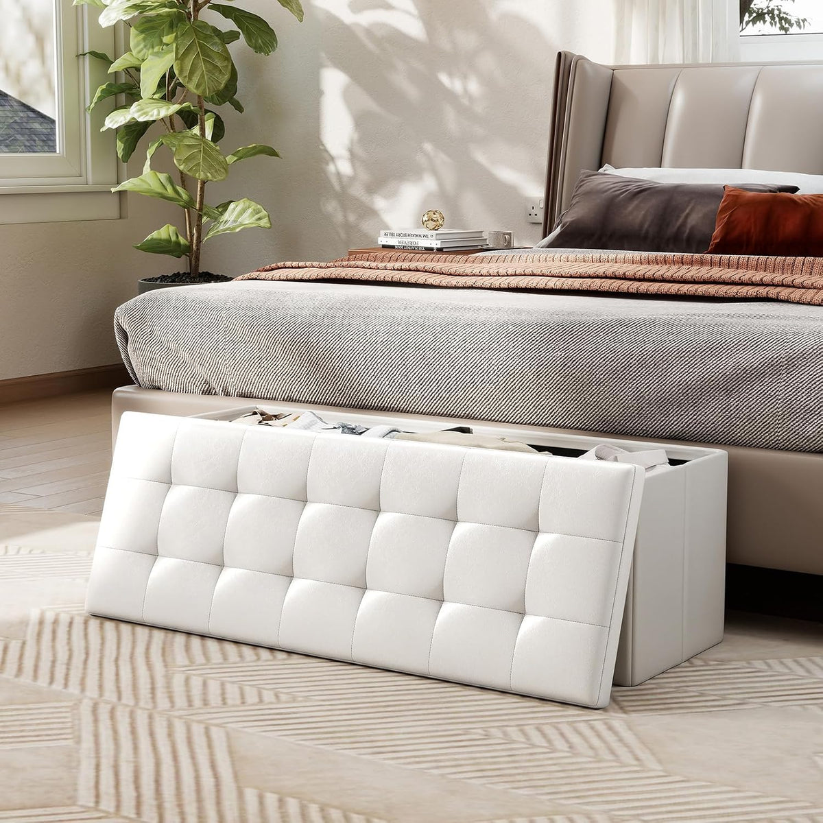 43 Inches Folding Storage Ottoman Bench, Foldable Foot Rest Stool End of Bed Bench with Side Pocket, Storage Chest for Living Room, Entryway & Bedroom (White)