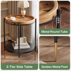 Tribesigns Round Side Table, 2-Tier End Table with Solid Wood and Metal, Industrial Nightstand for Small Spaces, Living Room, Bedroom, Study Room (Rustic Brown)