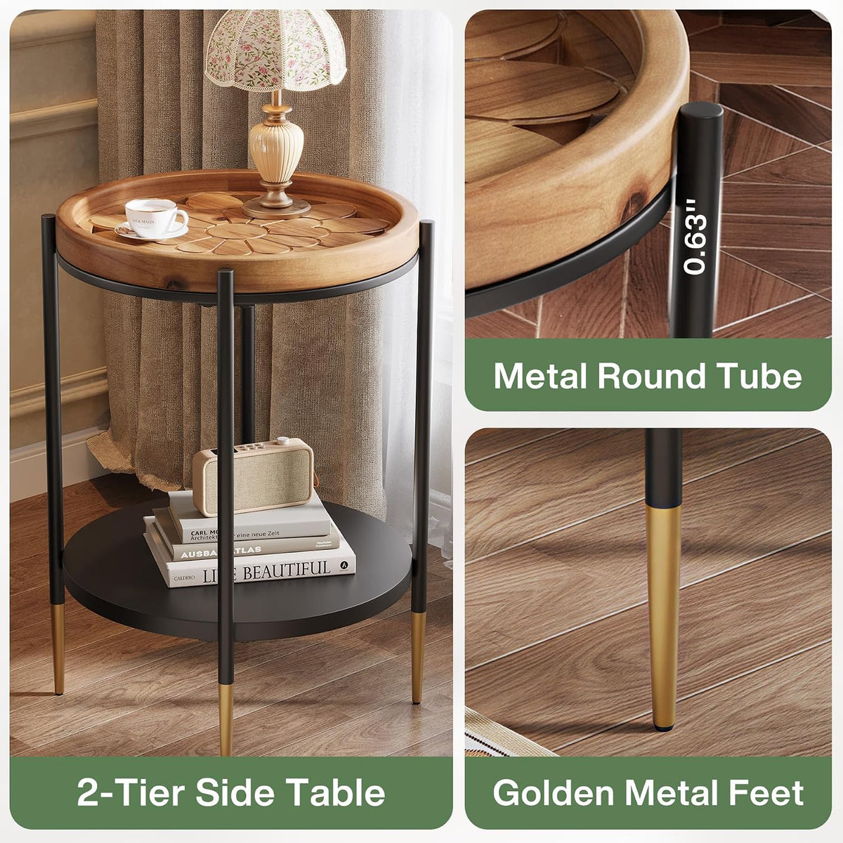 Tribesigns Round Side Table, 2-Tier End Table with Solid Wood and Metal, Industrial Nightstand for Small Spaces, Living Room, Bedroom, Study Room (Rustic Brown)