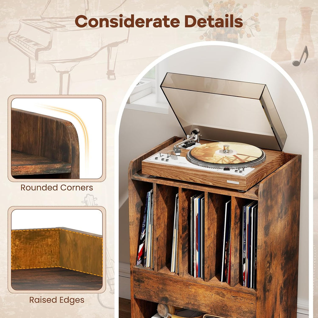 Giantex Record Player Stand, Rolling Turntable Stand with Drawer & Lockable Wheels, Record Player Table Holds Up to 150 Albums, Vinyl Record Storage for Living Room Bedroom, Rustic Brown
