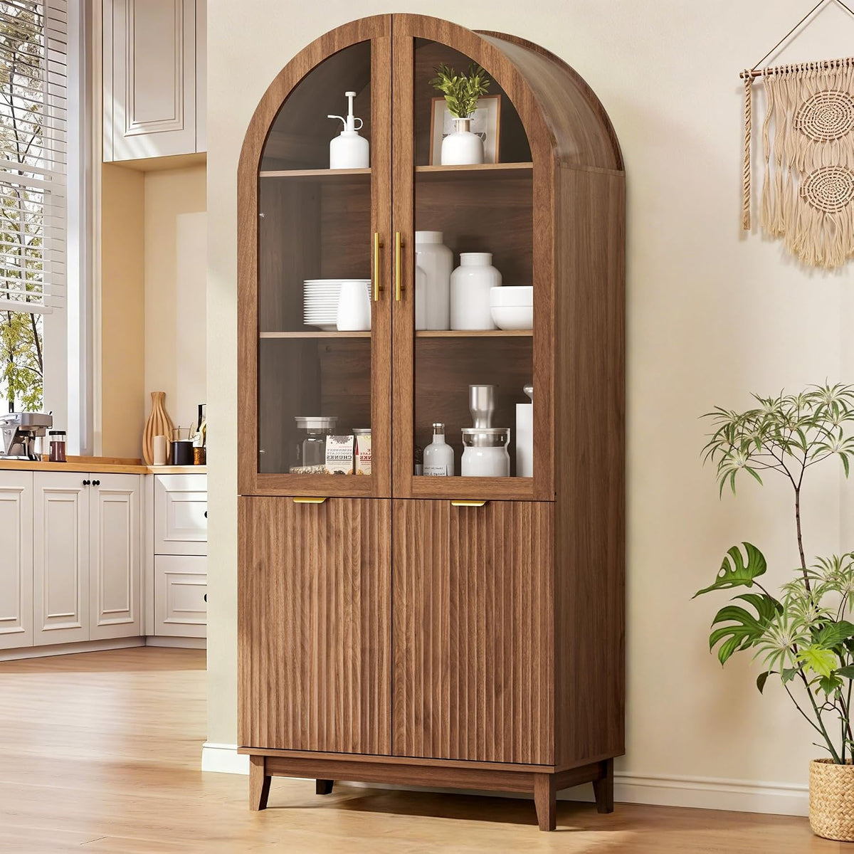 Pamapic 71" Tall Arched Cabinet, Fluted Kitchen Pantry with Glass Doors & Adjustable Shelves, Arch Storage Cabinet, Wooden Pantry for Dining Room, Living Room (Walnut)