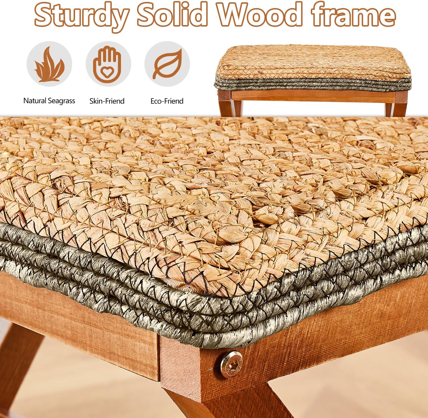 Natural Seagrass Ottoman Footstool with Wooden Legs – Handwoven Rectangular Foot Rest for Living Room, Patio & Balcony