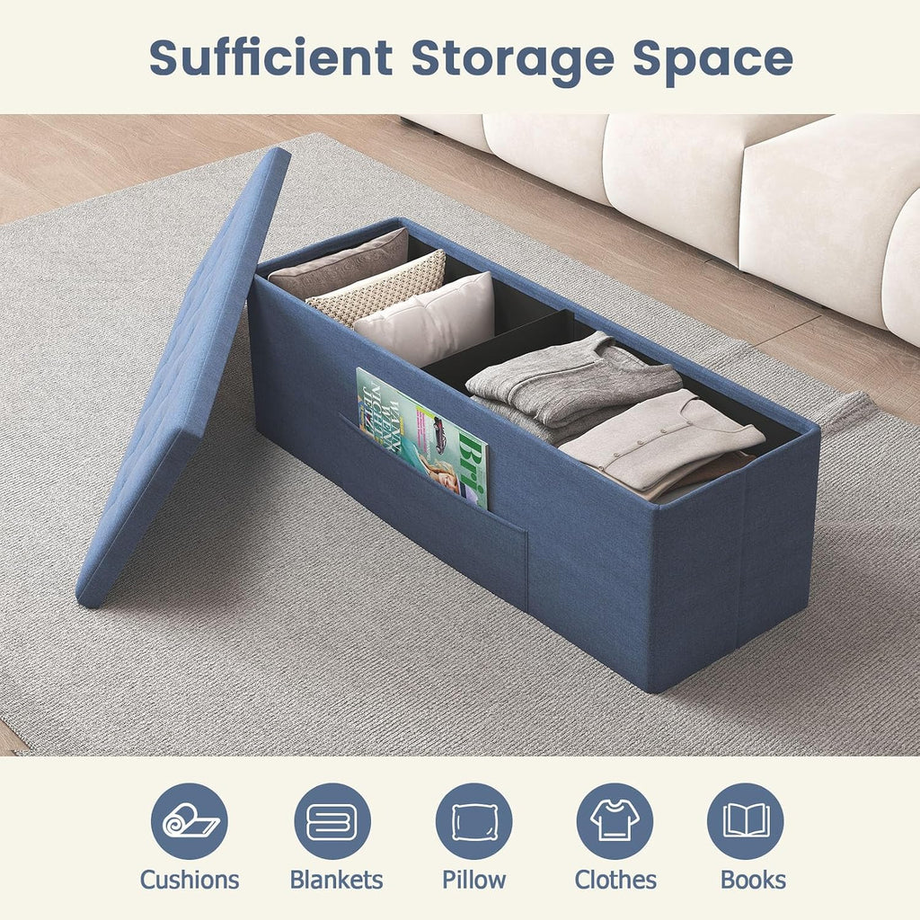 Giantex 43 Inches Folding Storage Ottoman Bench, Upholstered Storage Chest with Side Pocket, Divider, End of Bed Bench, Collapsible Ottoman Foot Rest for Living Room, Bedroom & Entryway (Navy)