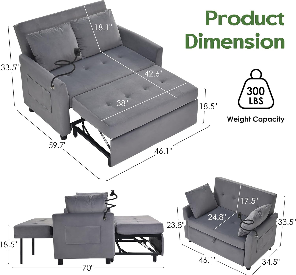 3 in 1 Convertible Pull Out Sleeper Couch Sofa Bed, Grey | Small Sleeper Sofa with Pillow, Adjustable Backrest Futon loveseat, Velvet Love Seat and Phone Holder for Living Room