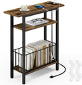 Vagusicc Narrow Side Table with Charging Station, 3-Tier Skinny Side End Table for Couch Sofa, Small End Side Tables for Small Spaces, 25.2" Tall Slim Nightstand for Living Room, Bedroom, Rustic Brown