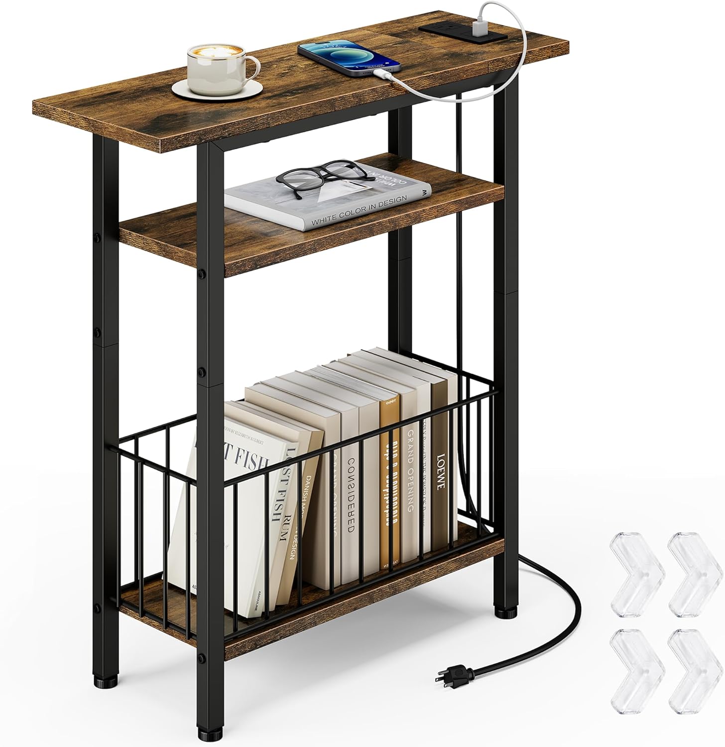 Vagusicc Narrow Side Table with Charging Station, 3-Tier Skinny Side End Table for Couch Sofa, Small End Side Tables for Small Spaces, 25.2" Tall Slim Nightstand for Living Room, Bedroom, Rustic Brown